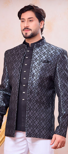 Black and Grey color Blazer in Jacquard fabric with Weaving work