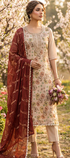 Beige and Brown color Salwar Kameez in Organza Silk fabric with Bugle Beads, Floral, Lace, Printed work