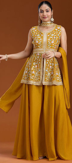 Yellow color Salwar Kameez in Georgette fabric with Embroidered, Sequence, Thread work