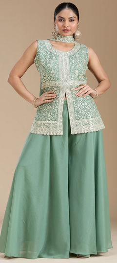 Green color Salwar Kameez in Georgette fabric with Embroidered, Sequence, Thread work