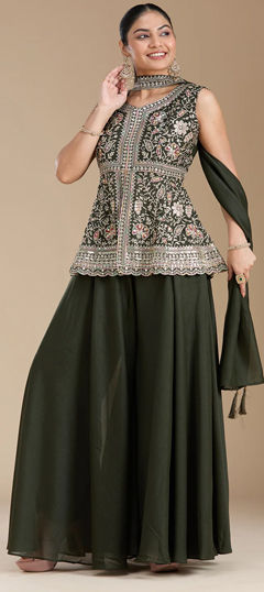 Green color Salwar Kameez in Georgette fabric with Embroidered, Sequence, Thread work