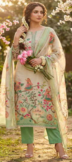 Beige and Brown color Salwar Kameez in Cotton, Linen fabric with Mirror, Printed work
