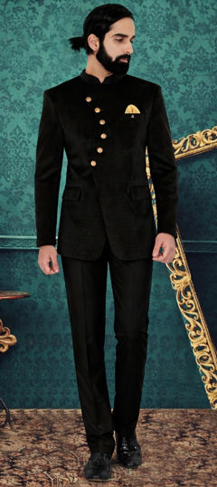 Black and Grey color Jodhpuri Suit in Velvet fabric with Thread work