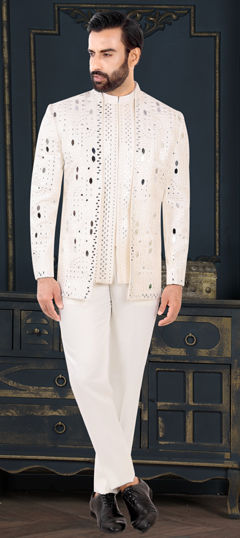 White and Off White color Jodhpuri Suit in Rayon fabric with Mirror work