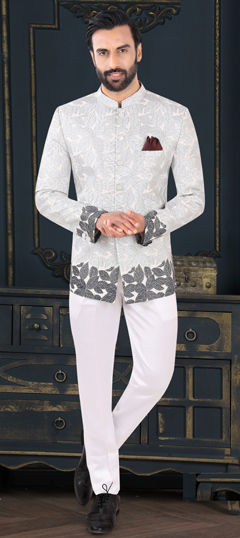 Blue color Jodhpuri Suit in Jacquard fabric with Thread work