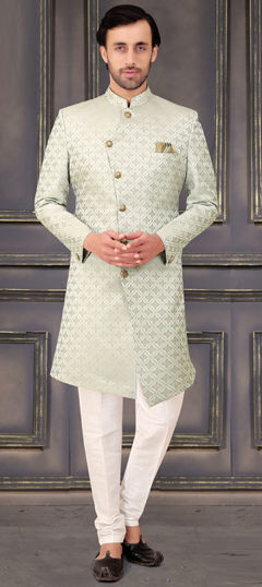 Green color IndoWestern Dress in Jacquard fabric with Weaving work