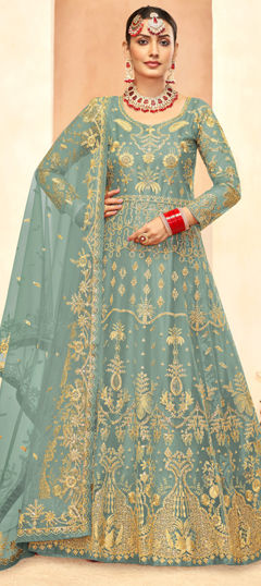 Blue color Salwar Kameez in Net fabric with Embroidered, Sequence, Thread, Zari work
