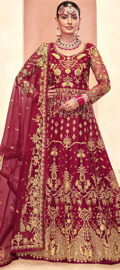 Red and Maroon color Salwar Kameez in Net fabric with Embroidered, Sequence, Thread, Zari work