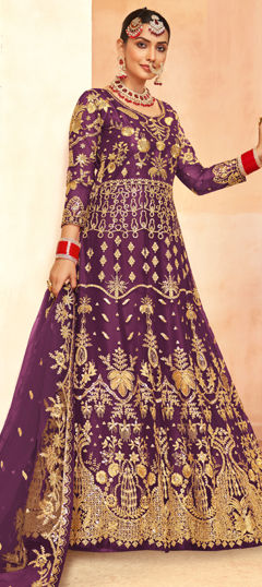 Purple and Violet color Salwar Kameez in Net fabric with Embroidered, Sequence, Thread, Zari work