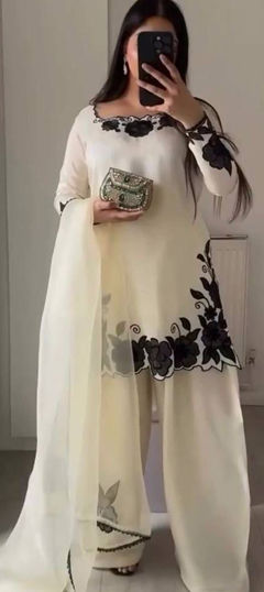 White and Off White color Salwar Kameez in Tissue fabric with Sequence, Thread work