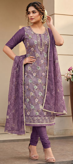 Purple and Violet color Salwar Kameez in Organza Silk fabric with Bugle Beads, Cut Dana, Floral, Moti, Printed work