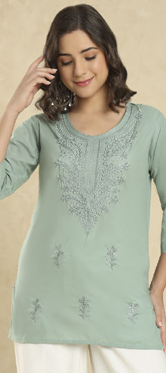 Green color Kurti in Cotton fabric with Embroidered work