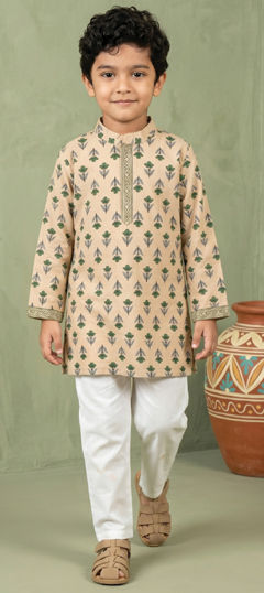 Beige and Brown, Green color Boys Kurta Pyjama in Cotton fabric with Floral, Printed work