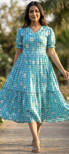 Blue color Kurti in Muslin fabric with Floral, Printed work