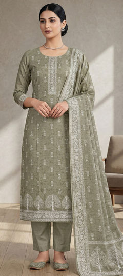 Green color Salwar Kameez in Linen, Shimmer fabric with Bugle Beads, Digital Print, Floral work