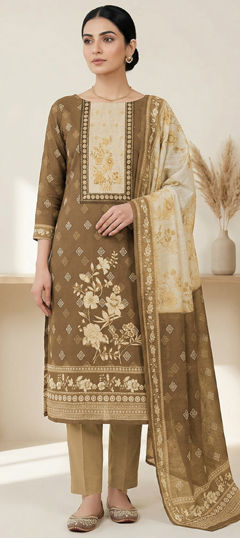 Beige and Brown color Salwar Kameez in Linen fabric with Bugle Beads, Digital Print, Floral work