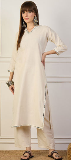 White and Off White color Salwar Kameez in Cotton fabric with Mirror, Thread work