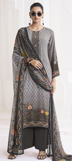 Black and Grey color Salwar Kameez in Crepe Silk fabric with Digital Print, Floral work