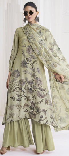 White and Off White color Salwar Kameez in Crepe Silk fabric with Digital Print, Floral work