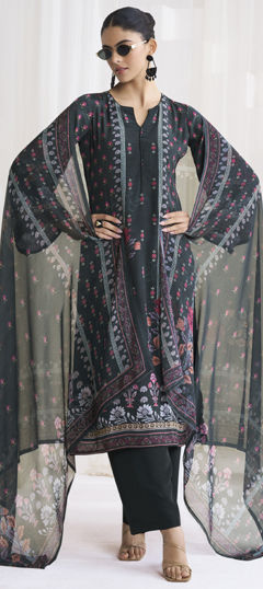 Black and Grey color Salwar Kameez in Crepe Silk fabric with Digital Print, Floral work