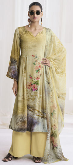 Yellow color Salwar Kameez in Crepe Silk fabric with Digital Print, Floral work