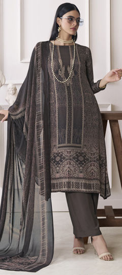 Beige and Brown color Salwar Kameez in Crepe Silk fabric with Digital Print work