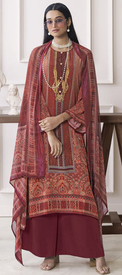Red and Maroon color Salwar Kameez in Crepe Silk fabric with Digital Print work