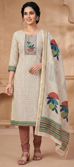 Beige and Brown color Salwar Kameez in Linen, Shimmer fabric with Bugle Beads, Digital Print work