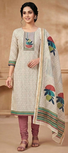 Beige and Brown color Salwar Kameez in Linen, Shimmer fabric with Bugle Beads, Digital Print work