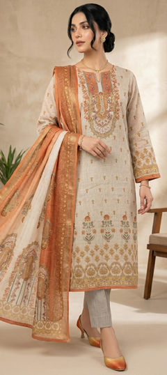 Beige and Brown color Salwar Kameez in Linen, Shimmer fabric with Bugle Beads, Digital Print work