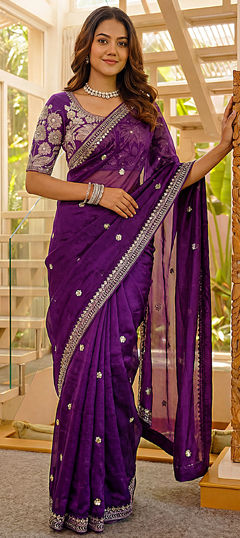 Purple and Violet color Saree in Satin Silk fabric with Embroidered, Sequence work