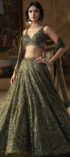 Green color Lehenga in Chinon Silk fabric with Sequence work