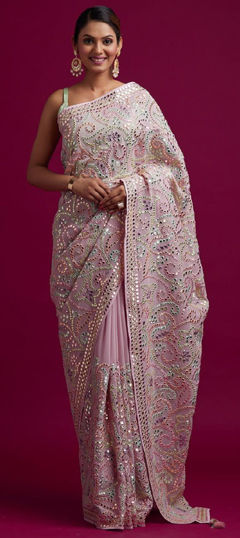Pink and Majenta color Saree in Silk fabric with Embroidered, Mirror, Thread work
