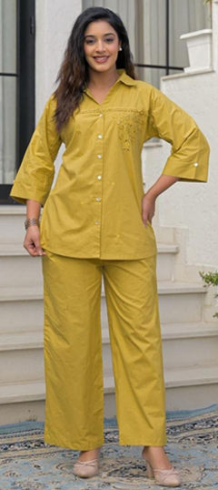 Yellow color Co-ords Set in Cotton fabric with Embroidered, Mirror, Resham, Thread work