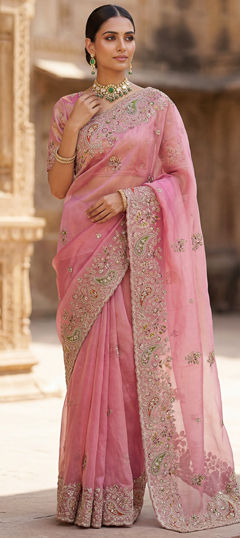 Pink and Majenta color Saree in Silk fabric with Embroidered, Patch, Sequence, Thread work