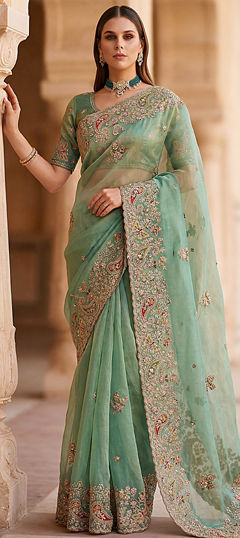 Green color Saree in Silk fabric with Embroidered, Patch, Sequence, Thread work