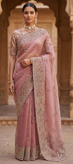 Pink and Majenta color Saree in Silk fabric with Embroidered, Patch, Sequence, Thread work