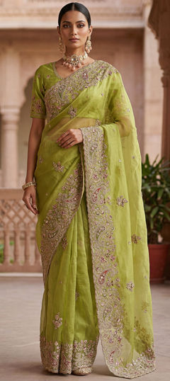 Green color Saree in Silk fabric with Embroidered, Patch, Sequence, Thread work