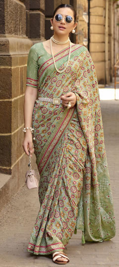 Green color Saree in Silk fabric with Printed work