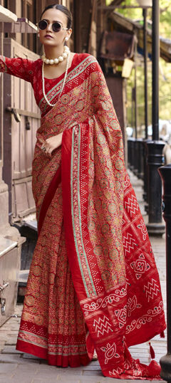 Red and Maroon color Saree in Silk fabric with Printed work