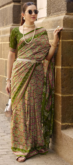Green color Saree in Silk fabric with Printed work
