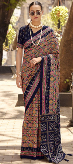 Blue color Saree in Silk fabric with Printed work