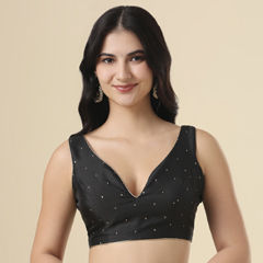 Black and Grey color Blouse in Taffeta Silk fabric with Weaving work