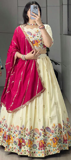 Pink and Majenta, White and Off White color Lehenga in Crushed Silk fabric with Embroidered, Sequence, Thread work