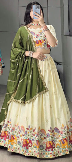 Green, White and Off White color Lehenga in Crushed Silk fabric with Embroidered, Sequence, Thread work
