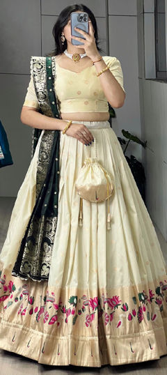 Green, White and Off White color Lehenga in Silk fabric with Printed, Weaving work