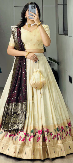 Beige and Brown, White and Off White color Lehenga in Silk fabric with Printed, Weaving work