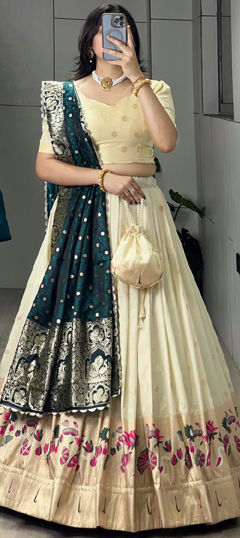 Blue, White and Off White color Lehenga in Silk fabric with Printed, Weaving work