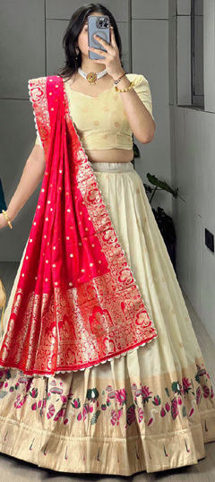 Pink and Majenta, White and Off White color Lehenga in Silk fabric with Printed, Weaving work