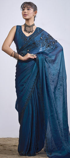 Blue color Saree in Tissue fabric with Zircon work